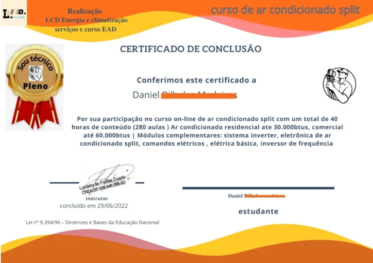 Curso eletrônica do split 5 Certificado do curso de ar-condicionado residencial e comercial